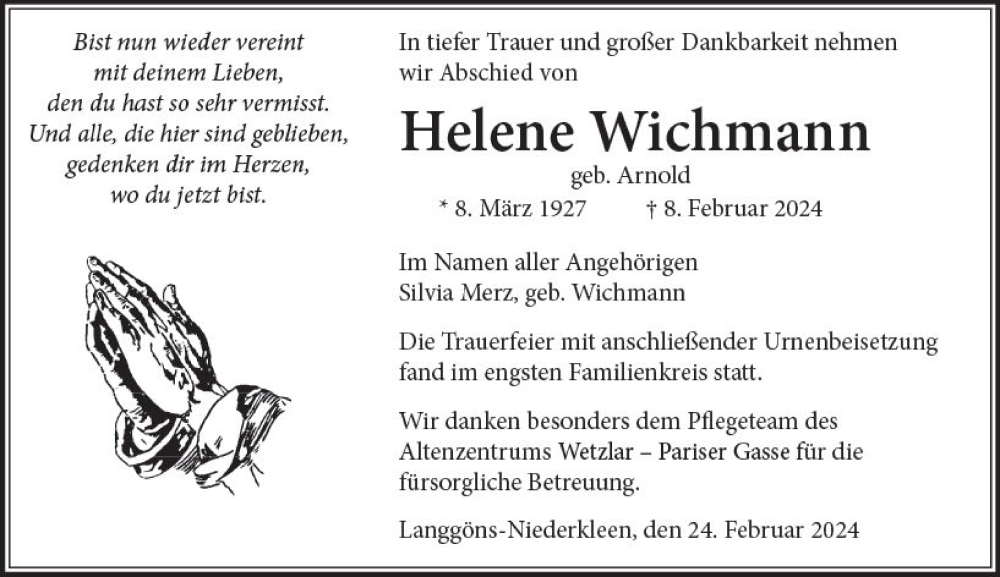  Traueranzeige für Helene Wichmann vom 24.02.2024 aus Wetzlarer Neue Zeitung