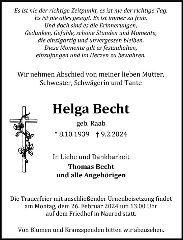  Traueranzeige für Helga Becht vom 17.02.2024 aus Wiesbadener Kurier
