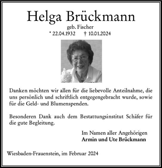 Traueranzeige von Helga Brückmann von Wiesbadener Kurier