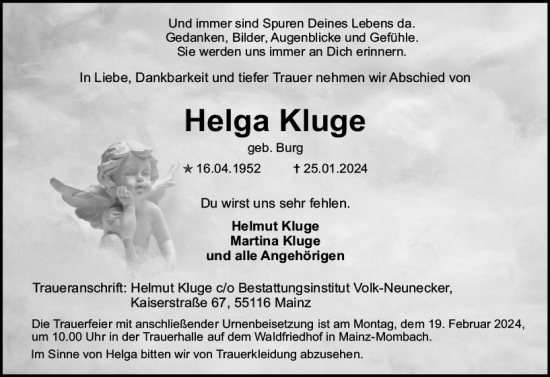 Traueranzeige von Helga Kluge von Allgemeine Zeitung Mainz