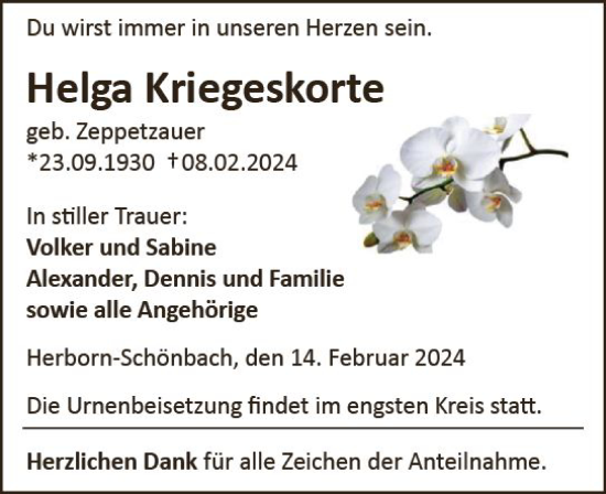 Traueranzeige von Helga Kriegeskorte von Dill Block