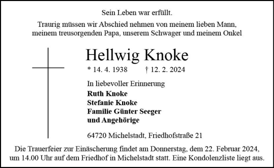 Traueranzeige von Hellwig Knoke von Odenwälder Echo