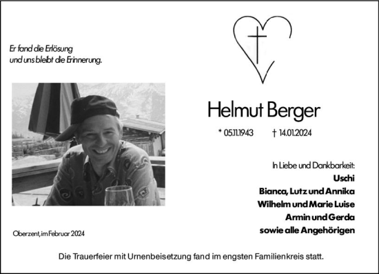 Traueranzeige von Helmut Berger von Odenwälder Echo