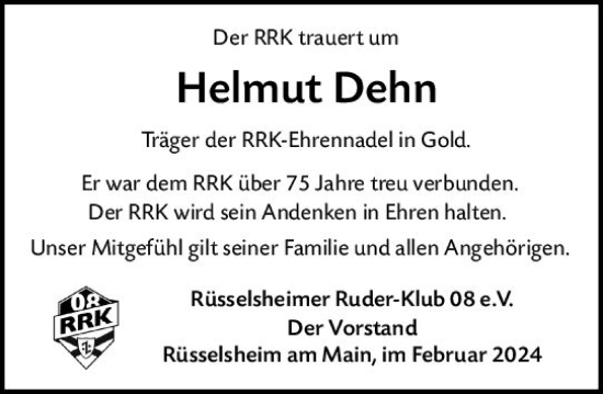Traueranzeige von Helmut Dehn von Rüsselsheimer Echo
