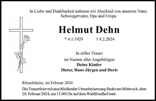 Traueranzeige von Helmut Dehn von Rüsselsheimer Echo