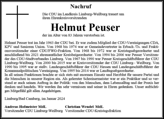 Traueranzeige von Helmut Peuser von Camberger Anzeiger
