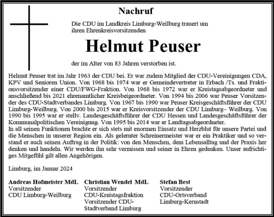 Traueranzeige von Helmut Peuser von Weilburger Tageblatt