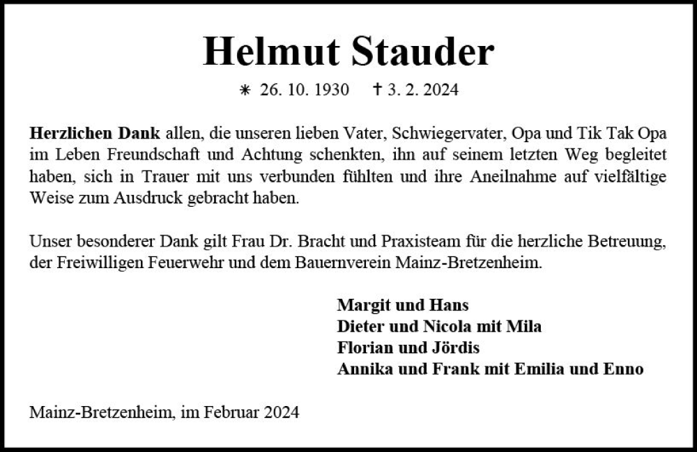  Traueranzeige für Helmut Stauder vom 24.02.2024 aus Allgemeine Zeitung Mainz