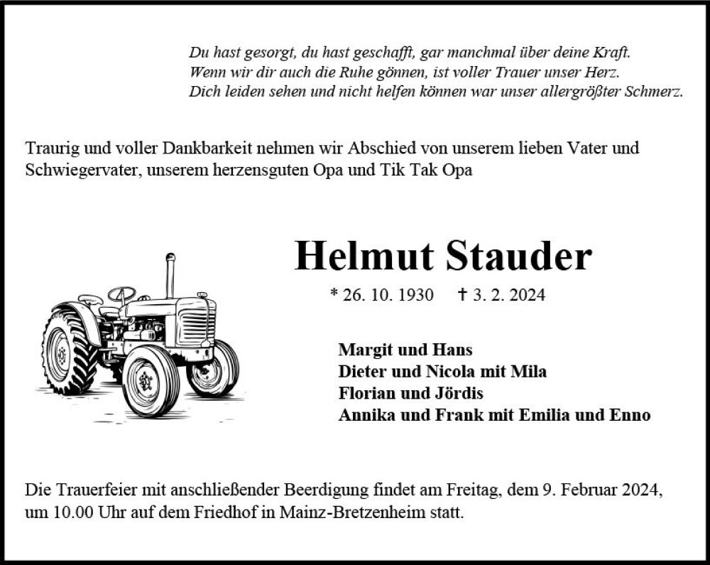 Traueranzeige für Helmut Stauder vom 07.02.2024 aus Allgemeine Zeitung Mainz