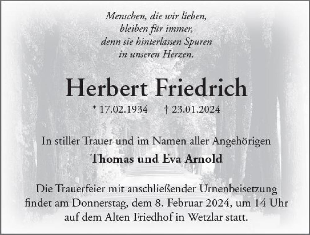  Traueranzeige für Herbert Friedrich vom 03.02.2024 aus Wetzlarer Neue Zeitung