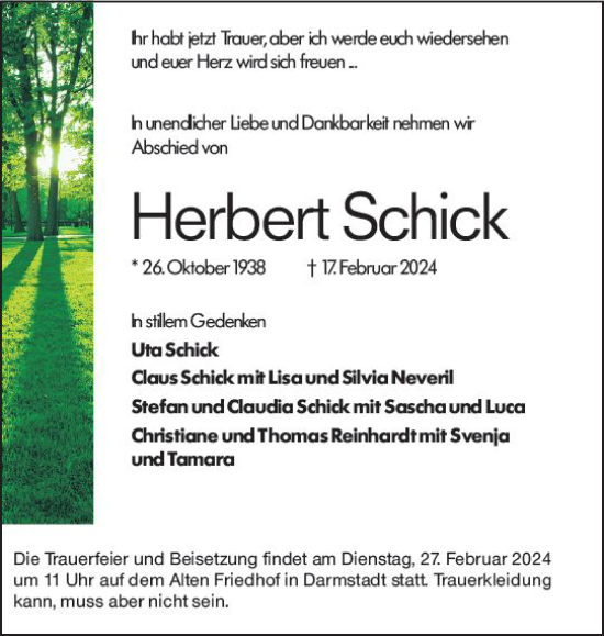 Traueranzeige von Herbert Schick von Darmstädter Echo
