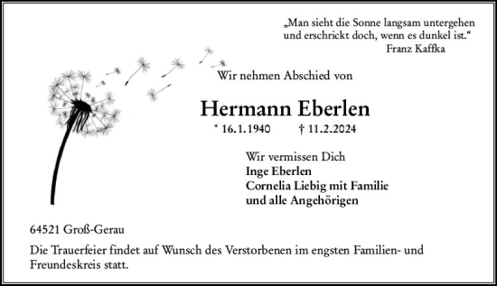 Traueranzeige von Hermann Eberlen von Groß-Gerauer Echo