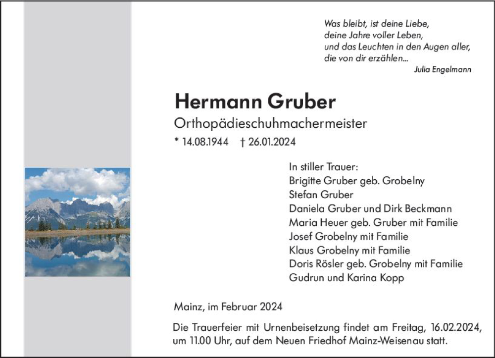  Traueranzeige für Hermann Gruber vom 10.02.2024 aus Allgemeine Zeitung Mainz