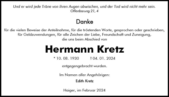 Traueranzeige von Hermann Kretz von Dill Block