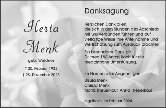 Traueranzeige von Herta Menk von Allgemeine Zeitung Bingen/Ingelheim