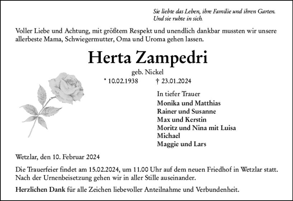  Traueranzeige für Herta Zampedri vom 10.02.2024 aus Wetzlarer Neue Zeitung