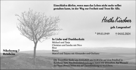 Traueranzeige von Hertha Kärchner von Darmstädter Echo
