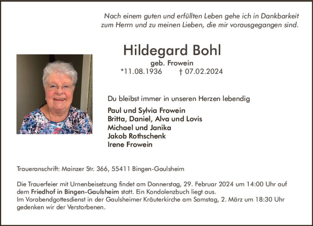  Traueranzeige für Hildegard Bohl vom 24.02.2024 aus Binger-/Ingelheimer Wochenblatt