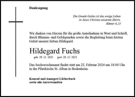 Traueranzeige von Hildegard Fuchs von Allgemeine Zeitung Mainz