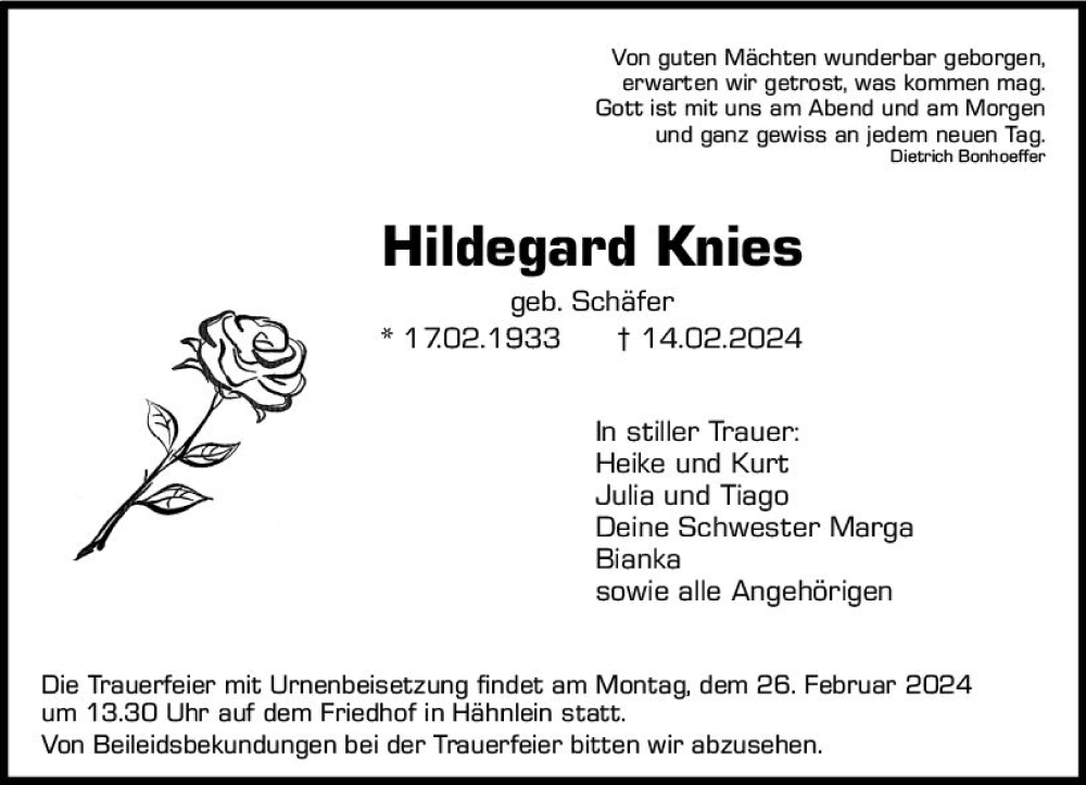  Traueranzeige für Hildegard Knies vom 17.02.2024 aus Darmstädter Echo