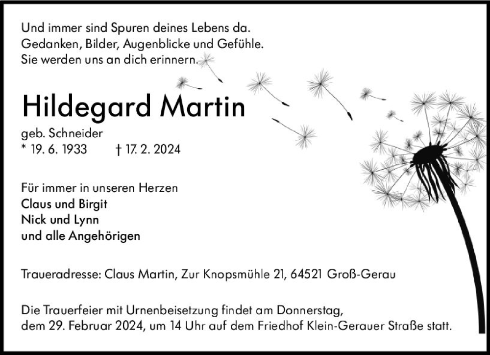  Traueranzeige für Hildegard Martin vom 24.02.2024 aus Groß-Gerauer Echo