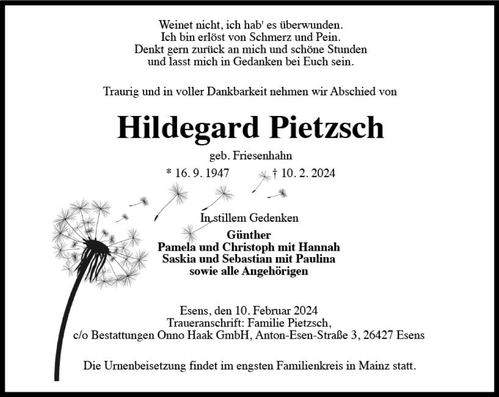  Traueranzeige für Hildegard Pietzsch vom 17.02.2024 aus Allgemeine Zeitung Mainz