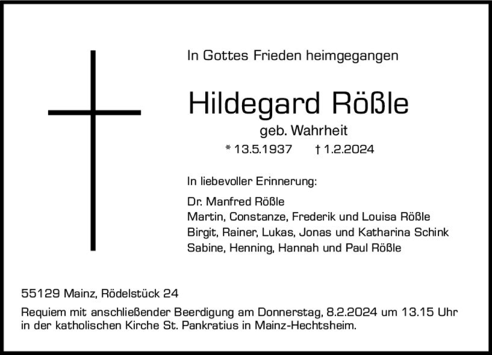  Traueranzeige für Hildegard Rößle vom 05.02.2024 aus Allgemeine Zeitung Mainz