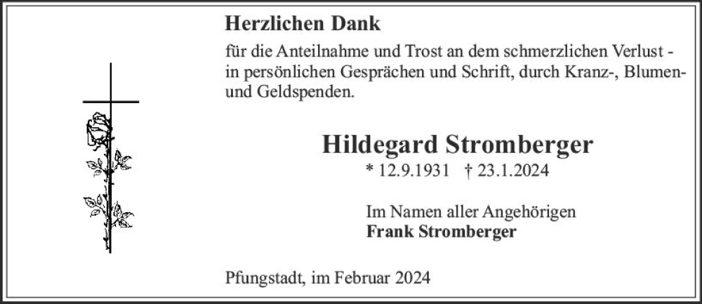  Traueranzeige für Hildegard Stromberger vom 24.02.2024 aus Darmstädter Echo