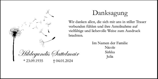 Traueranzeige von Hildegundis Sattelmair von Allgemeine Zeitung Bingen/Ingelheim