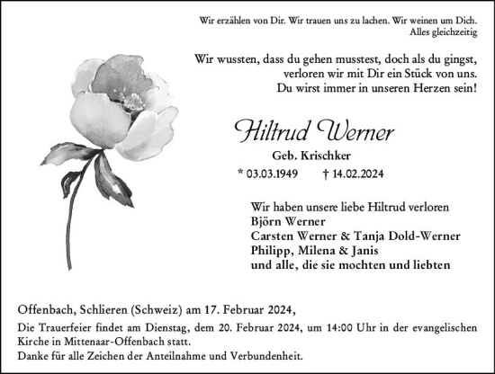 Traueranzeige von Hiltrud Werner von Dill Block