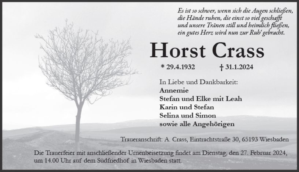  Traueranzeige für Horst Crass vom 17.02.2024 aus Wiesbadener Kurier