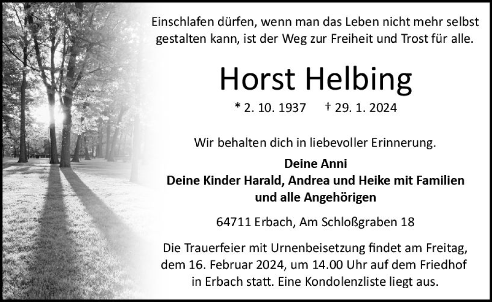  Traueranzeige für Horst Helbing vom 03.02.2024 aus Odenwälder Echo