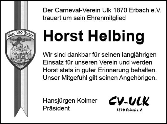 Traueranzeige von Horst Helbing von Odenwälder Echo