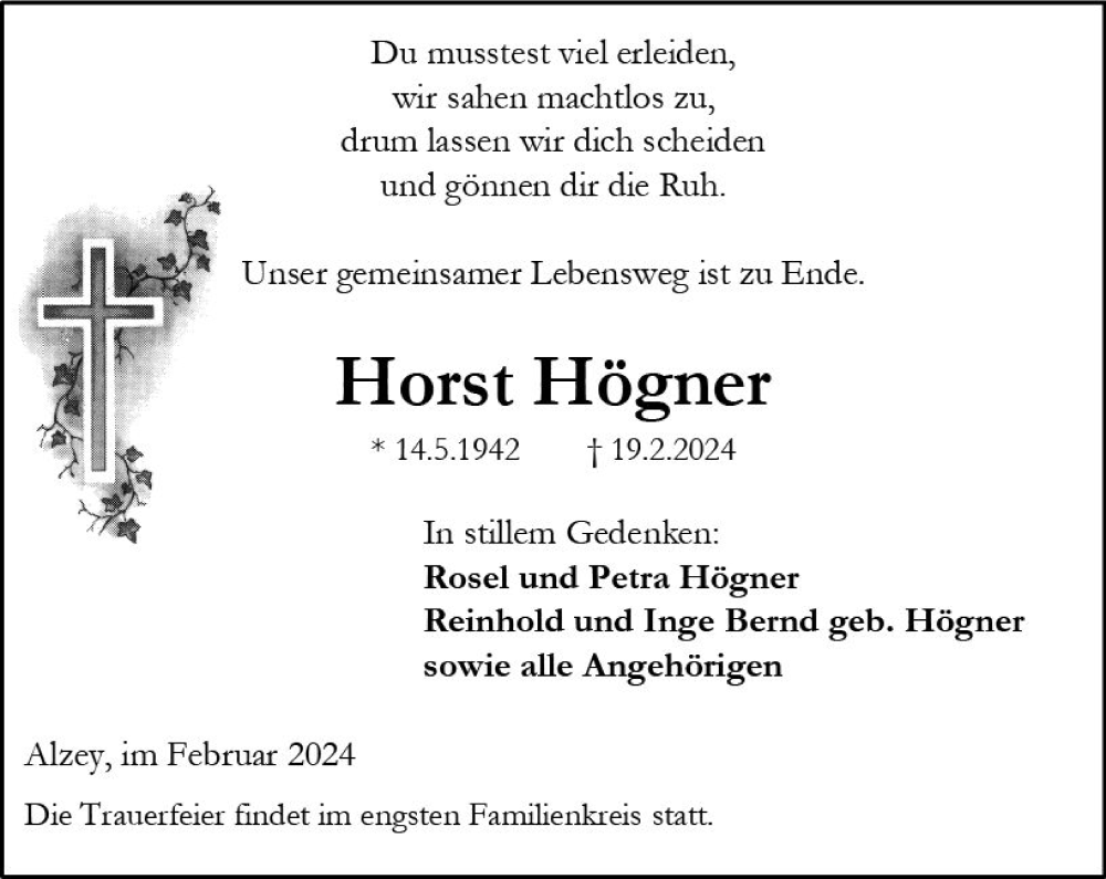  Traueranzeige für Horst Högner vom 24.02.2024 aus Allgemeine Zeitung Alzey