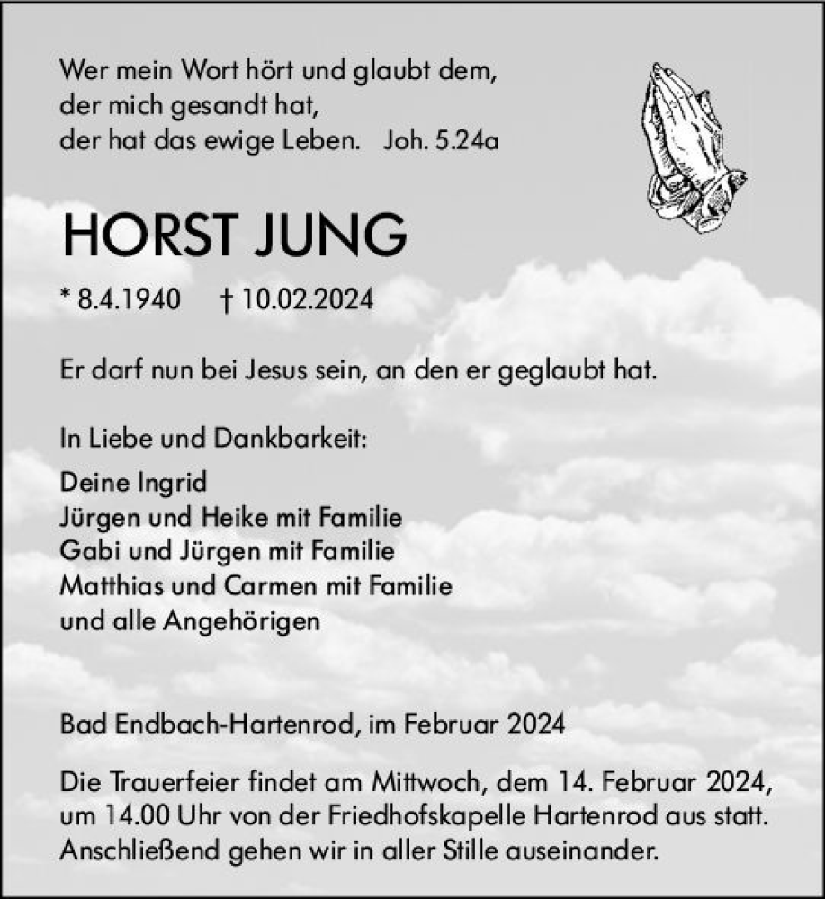  Traueranzeige für Horst Jung vom 13.02.2024 aus Hinterländer Anzeiger