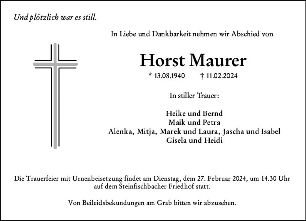  Traueranzeige für Horst Maurer vom 22.02.2024 aus Camberger Anzeiger
