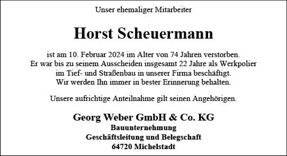  Traueranzeige für Horst Scheuermann vom 17.02.2024 aus Odenwälder Echo
