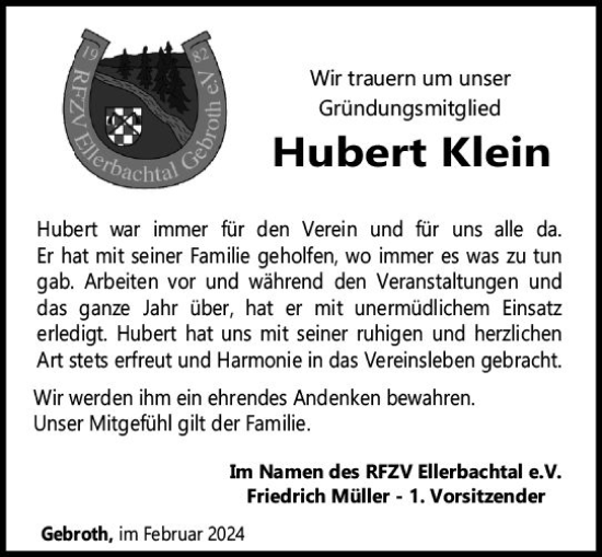 Traueranzeige von Hubert Klein von Allgemeine Zeitung Bad Kreuznach