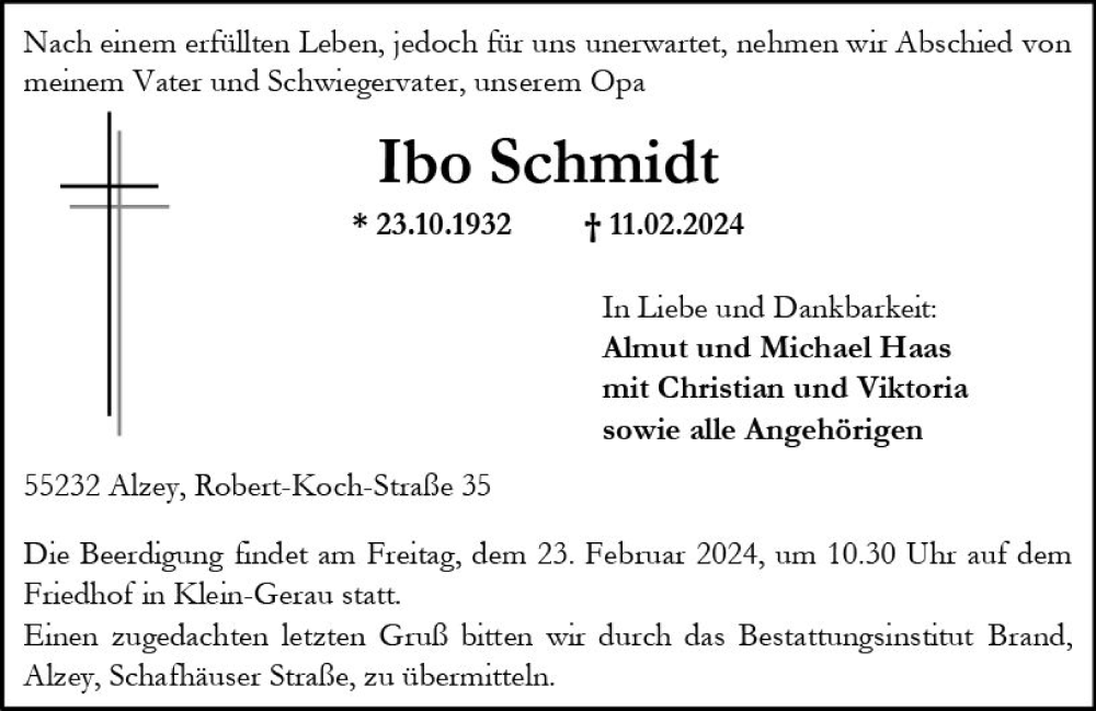  Traueranzeige für Ibo Schmidt vom 17.02.2024 aus Allgemeine Zeitung Alzey
