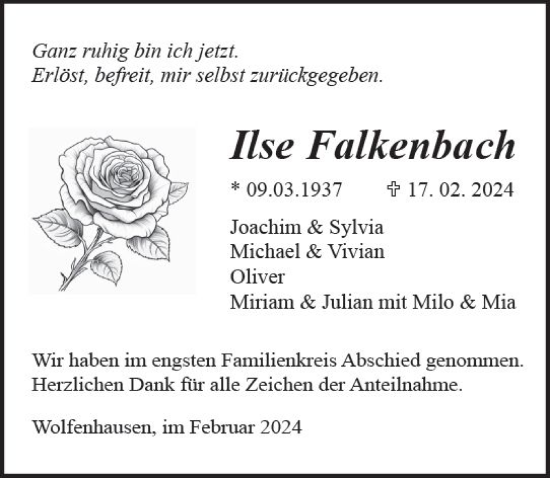 Traueranzeige von Ilse Falkenbach von Weilburger Tageblatt