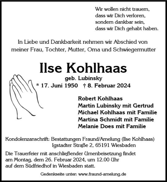 Traueranzeige von Ilse Kohlhaas von Wiesbadener Kurier