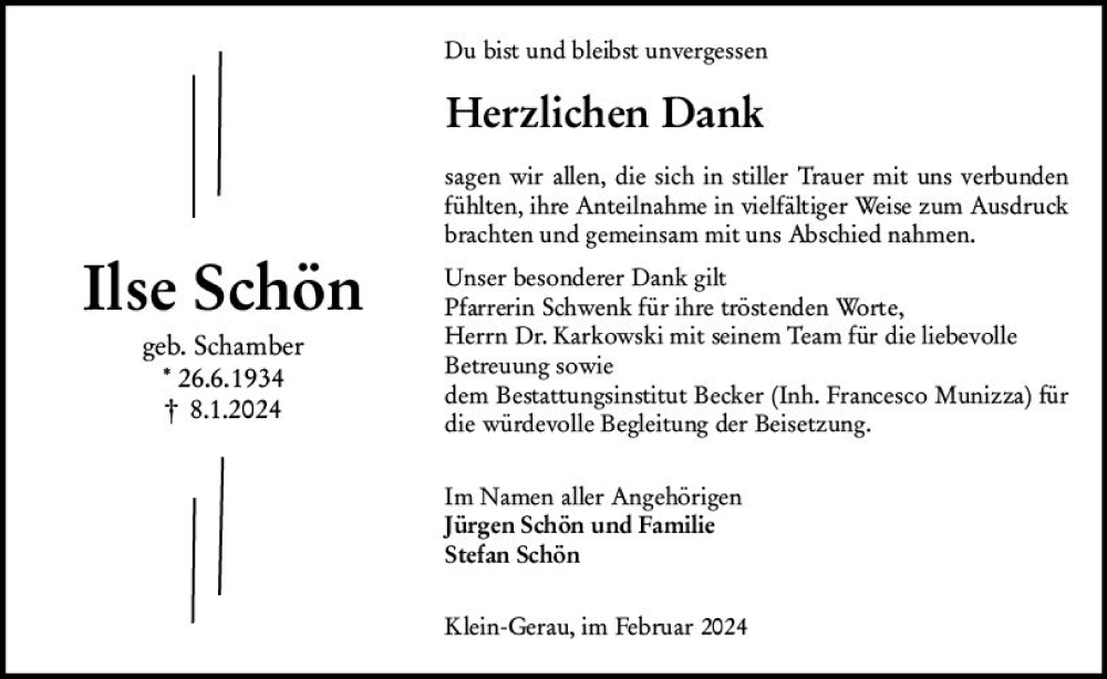  Traueranzeige für Ilse Schön vom 10.02.2024 aus Groß-Gerauer Echo