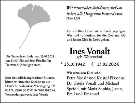 Traueranzeige von Ines Vonalt von Darmstädter Echo