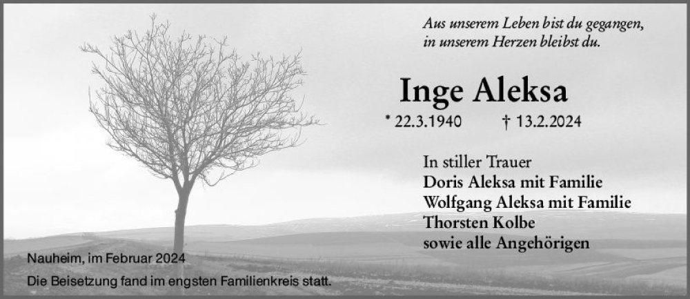  Traueranzeige für Inge Aleksa vom 24.02.2024 aus Groß-Gerauer Echo