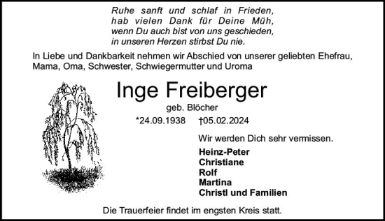 Traueranzeige von Inge Freiberger von Starkenburger Echo