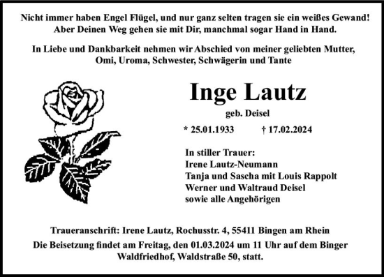 Traueranzeige von Inge Lautz von Allgemeine Zeitung Bingen/Ingelheim