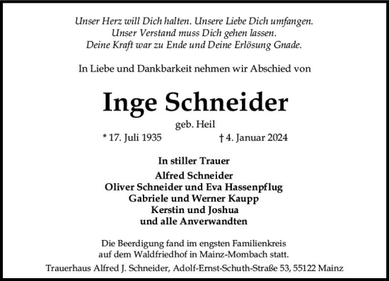 Traueranzeige von Inge Schneider von Allgemeine Zeitung Mainz