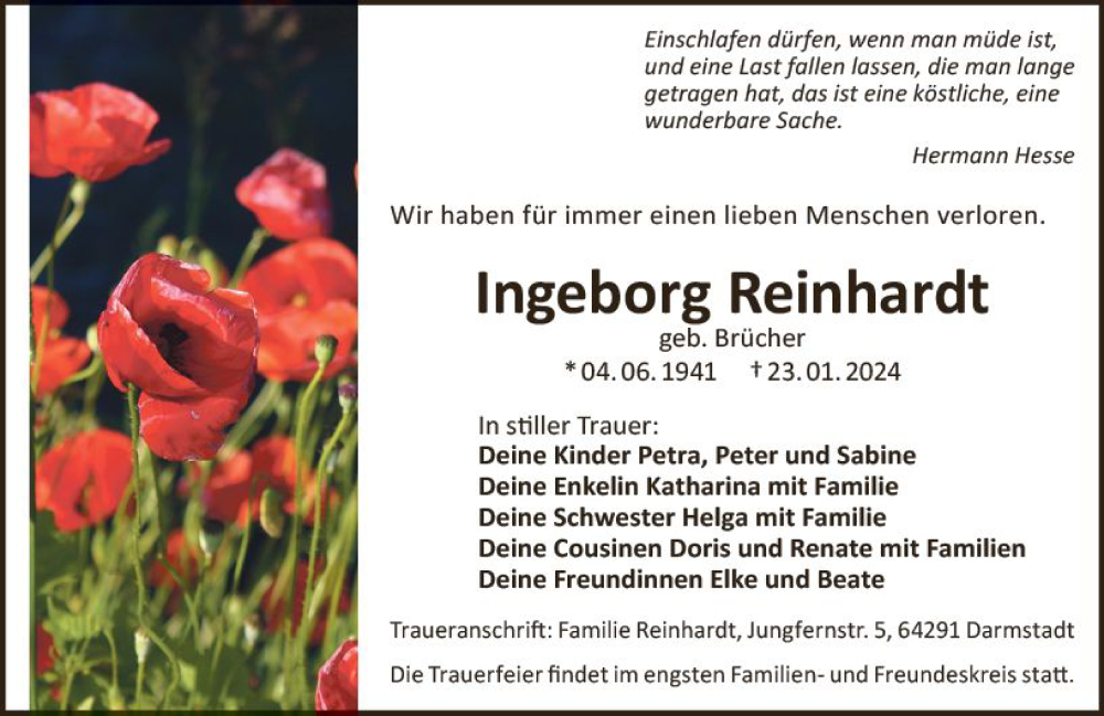  Traueranzeige für Ingeborg Reinhardt vom 03.02.2024 aus Darmstädter Echo