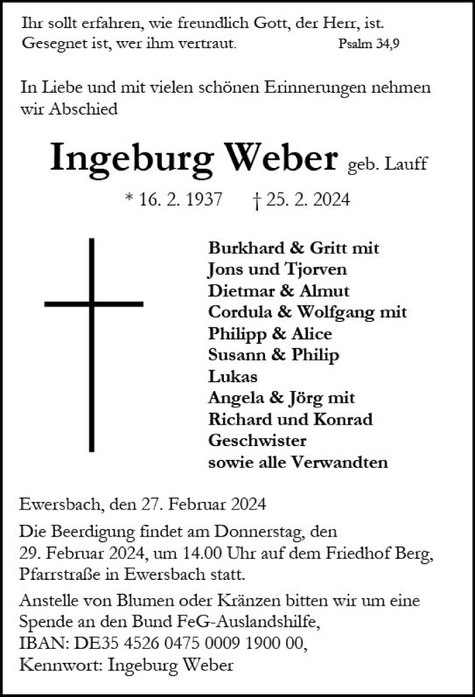  Traueranzeige für Ingeburg Weber vom 27.02.2024 aus Dill Block