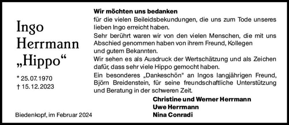  Traueranzeige für Ingo Herrmann vom 10.02.2024 aus Hinterländer Anzeiger